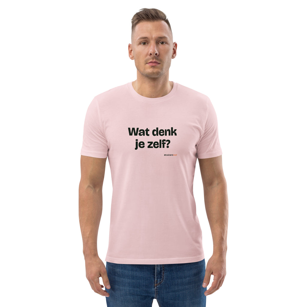Wat denk je zelf? – t-shirt roze, gedragen door een man
