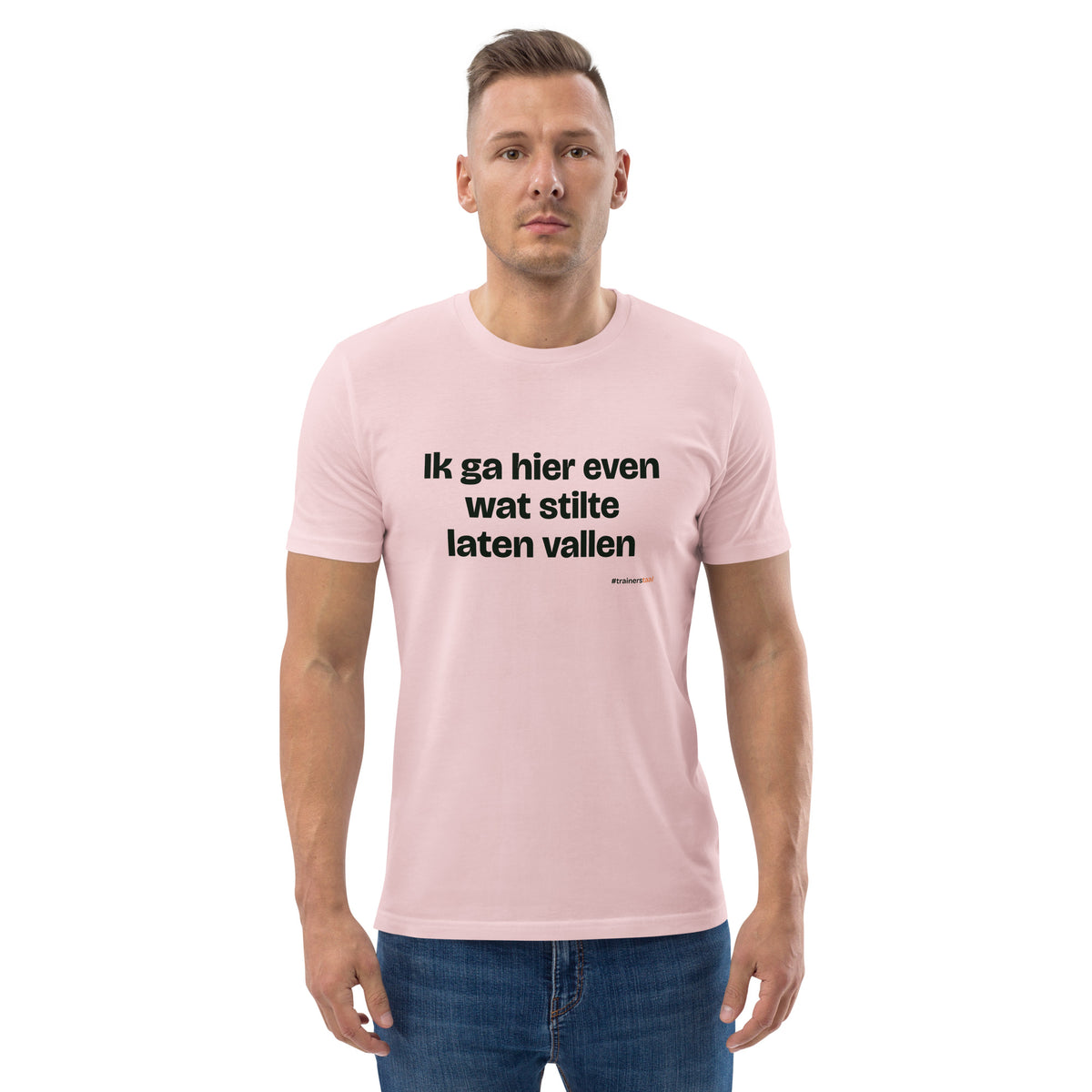 Ik ga hier even wat stilte laten vallen – t-shirt roze, gedragen door een man