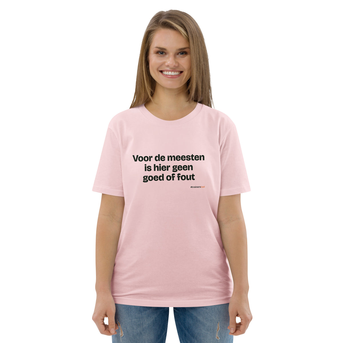 Voor de meesten is hier geen goed of fout – t-shirt roze, gedragen door een vrouw