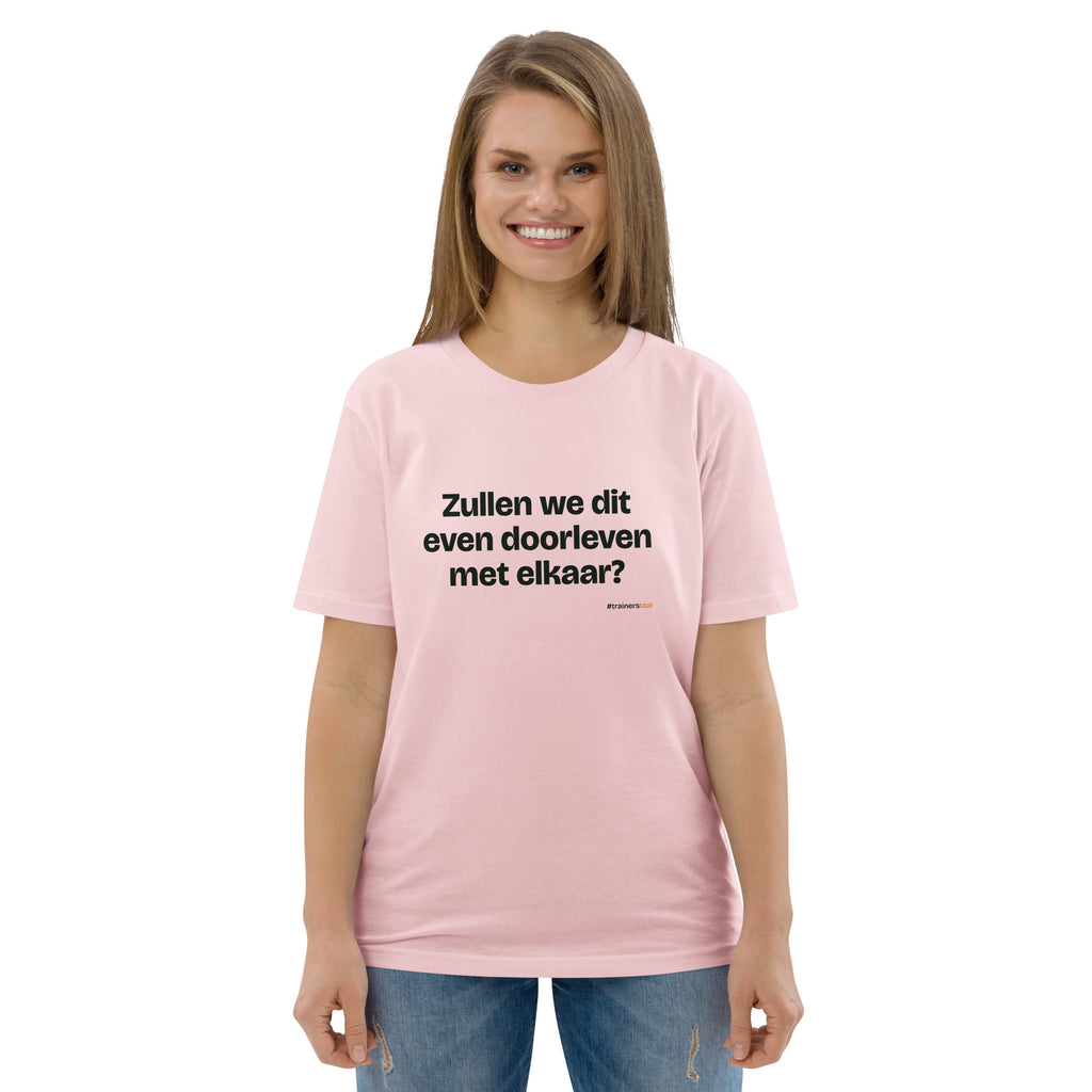 Zullen we dit even doorleven met elkaar? – t-shirt roze, gedragen door een vrouw