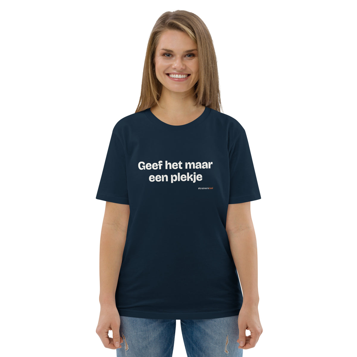Geef het maar een plekje – t-shirt navy, gedragen door een vrouw