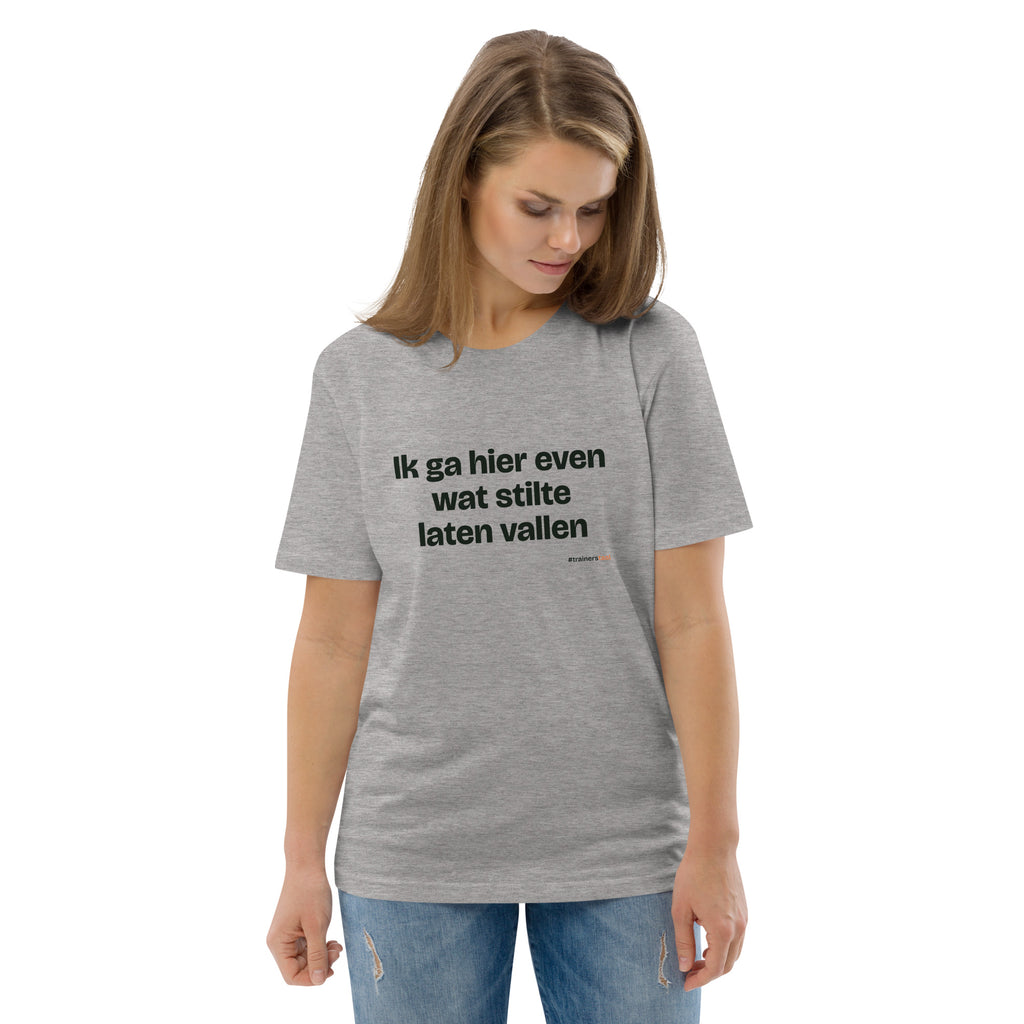 Ik ga hier even wat stilte laten vallen – t-shirt grijs gemêleerd, gedragen door een vrouw