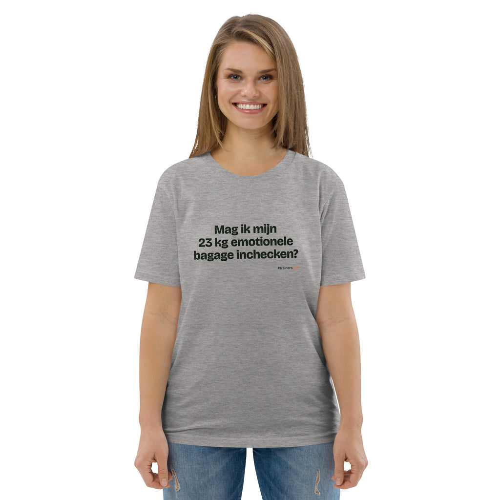 Mag ik mijn 23 kg emotionele bagage inchecken? – t-shirt grijs gemêleerd, gedragen door een vrouw