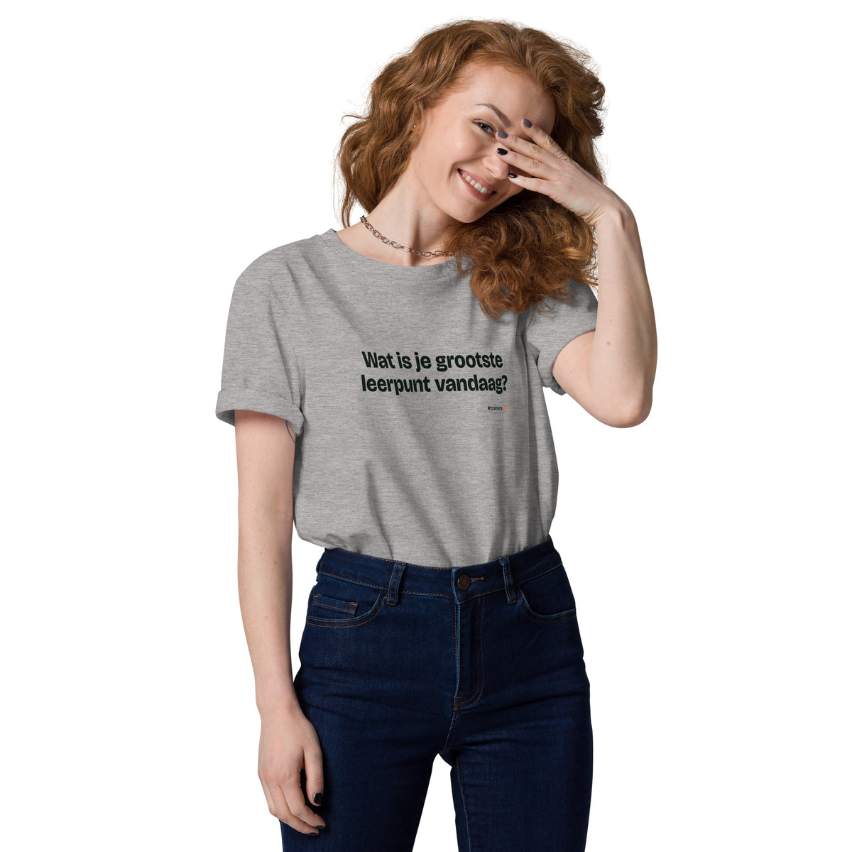 Wat is je grootste leerpunt vandaag? – t-shirt grijs gemêleerd, gedragen door een vrouw