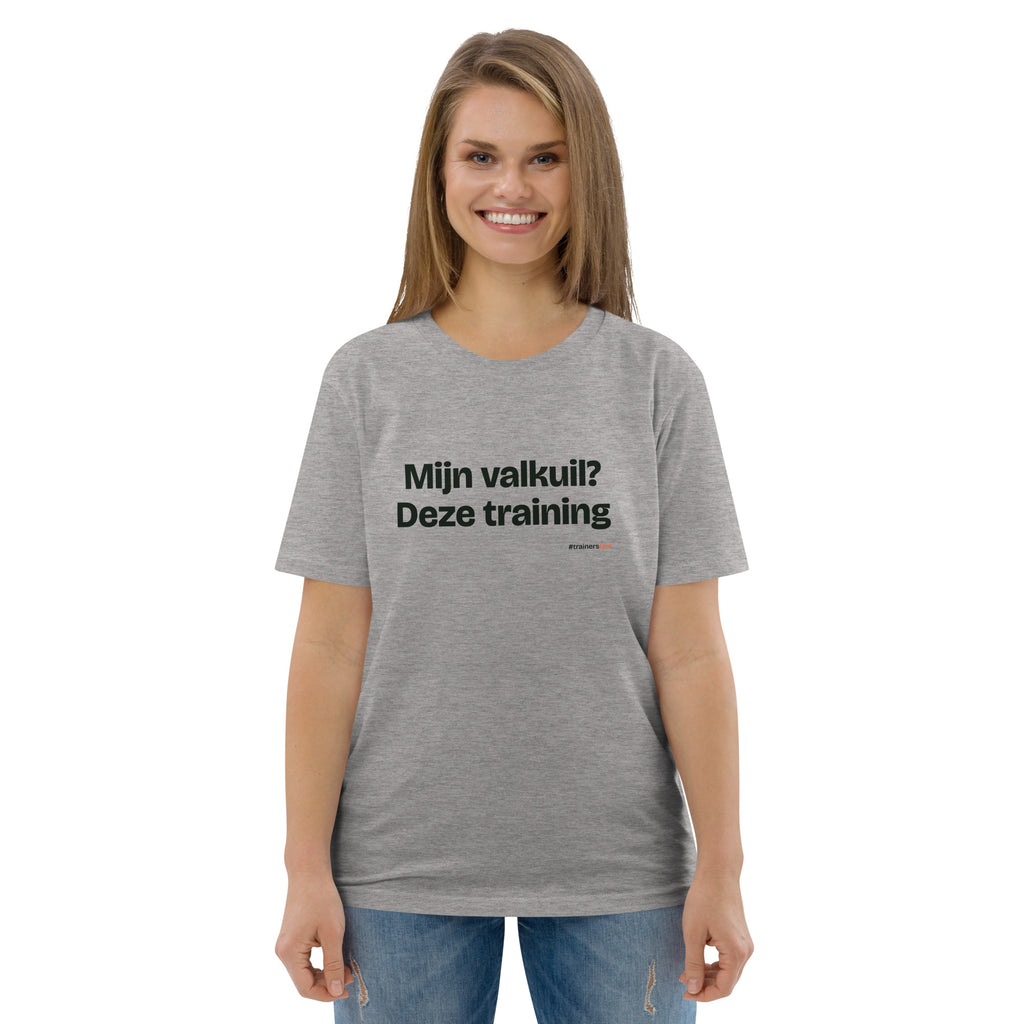Mijn valkuil? Deze training – t-shirt grijs gemêleerd, gedragen door een vrouw