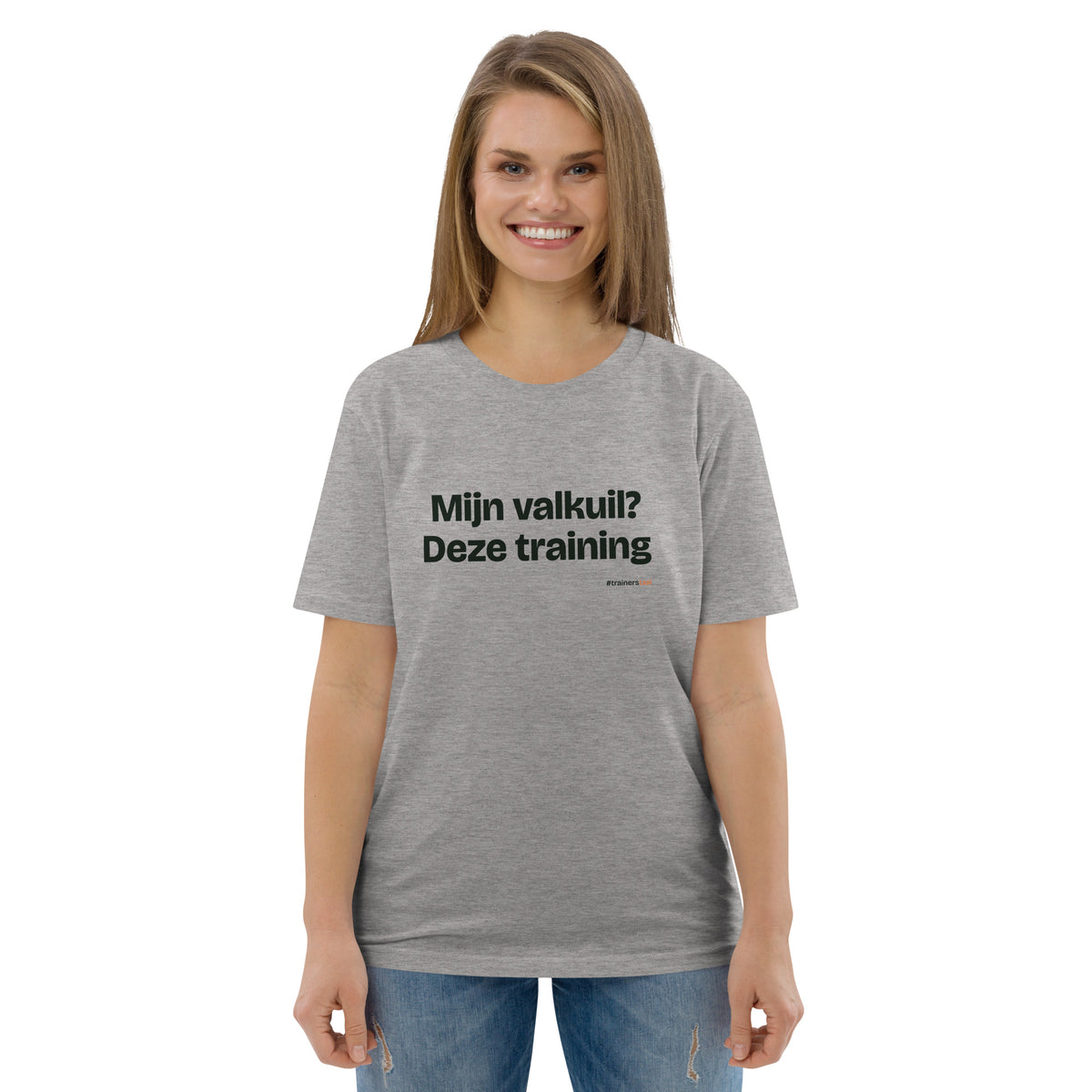 Mijn valkuil? Deze training – t-shirt grijs gemêleerd, gedragen door een vrouw