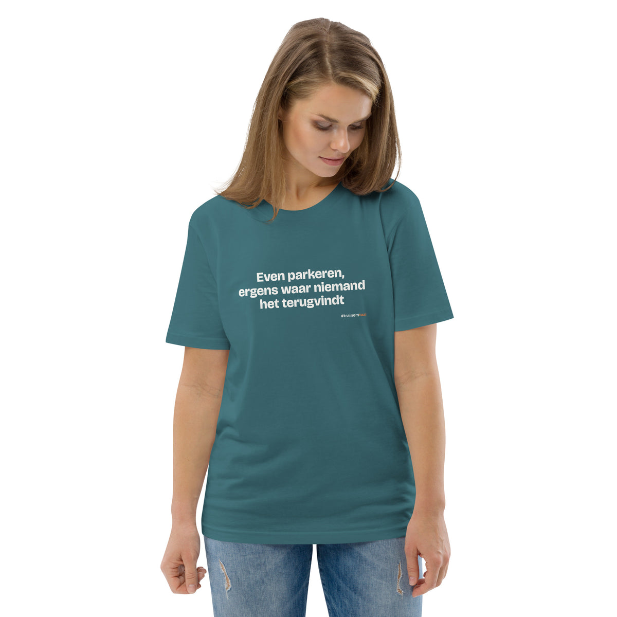 Even parkeren, ergens waar niemand het terugvindt – t-shirt petrol, gedragen door een vrouw
