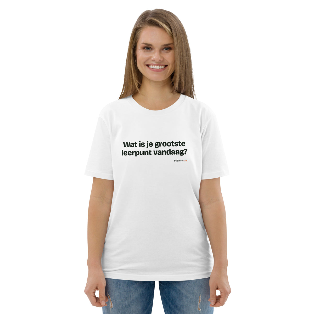 Wat is je grootste leerpunt vandaag? – t-shirt wit, gedragen door een vrouw