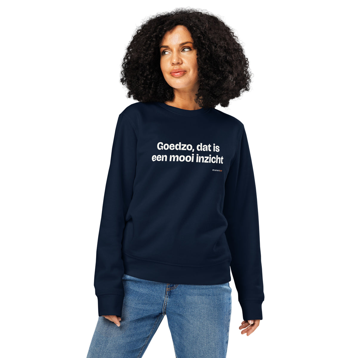 Goedzo, dat is een mooi inzicht – sweater navy, gedragen door een vrouw