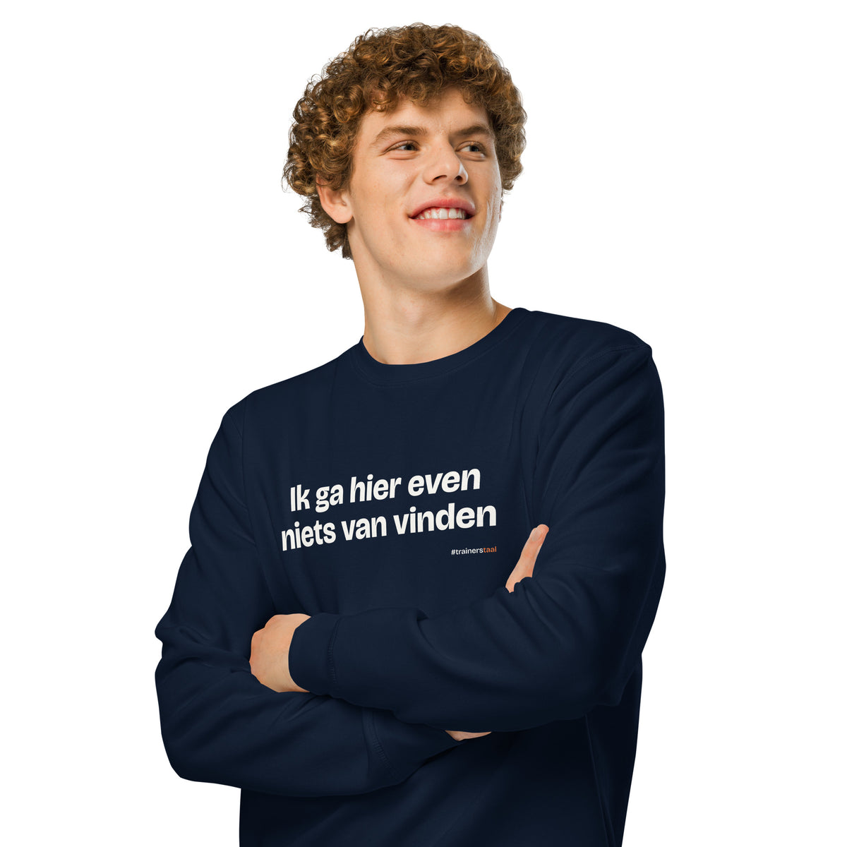 Ik ga hier even niets van vinden – sweater navy, gedragen door een man