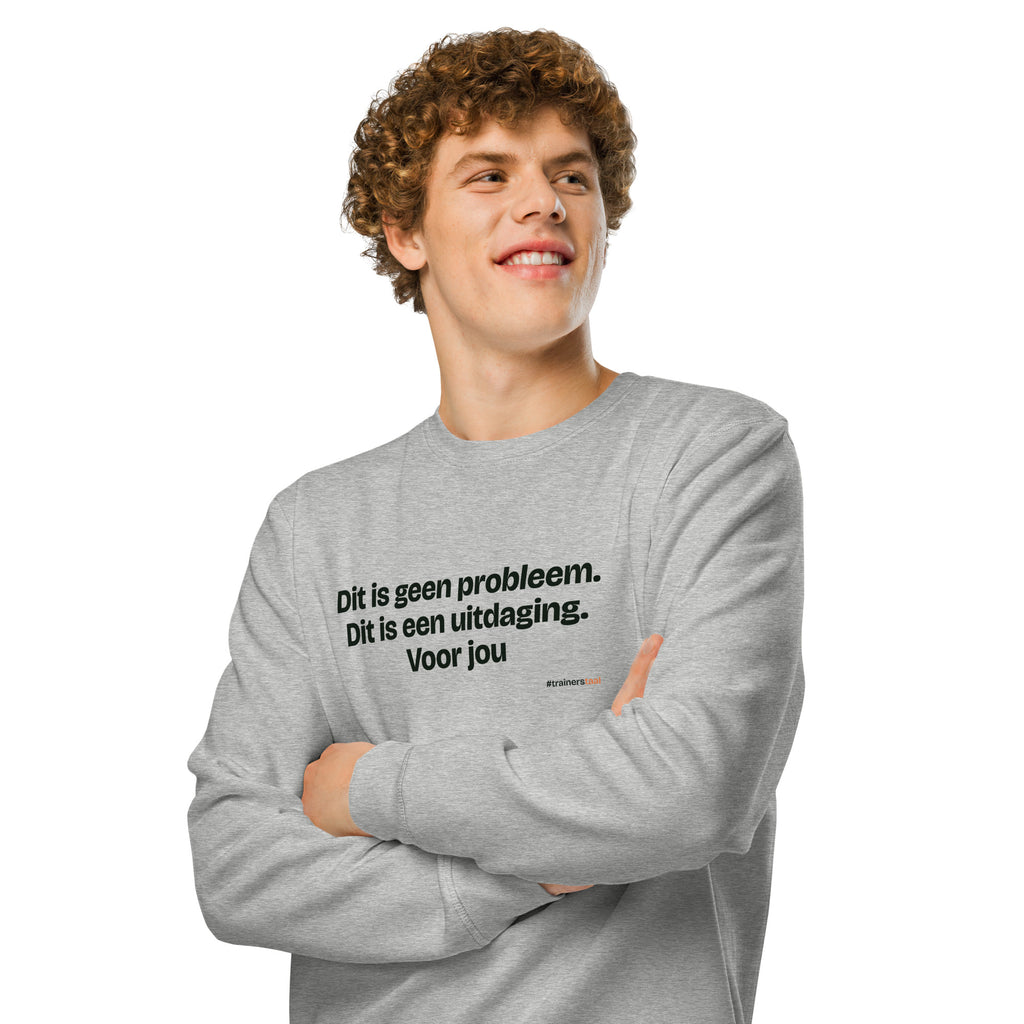 Dit is geen probleem. Dit is een uitdaging. Voor jou – sweater grijs gemêleerd, gedragen door een man