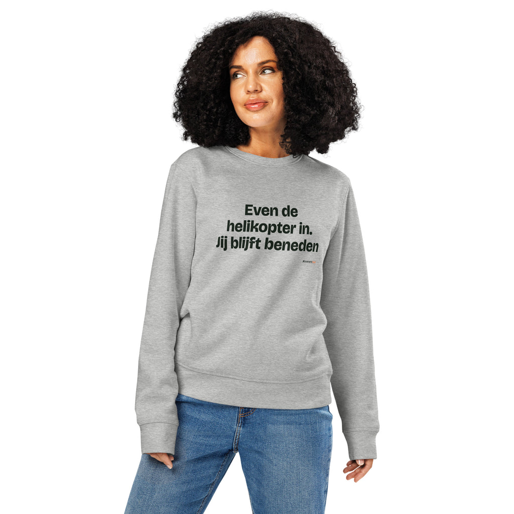 Even de helikopter in. Jij blijft beneden – sweater grijs gemêleerd, gedragen door een vrouw