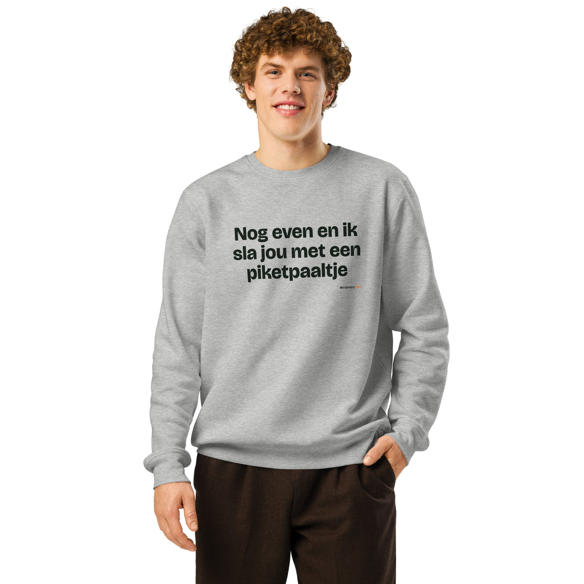 Nog even en ik sla jou met een piketpaaltje – sweater grijs gemêleerd, gedragen door een man