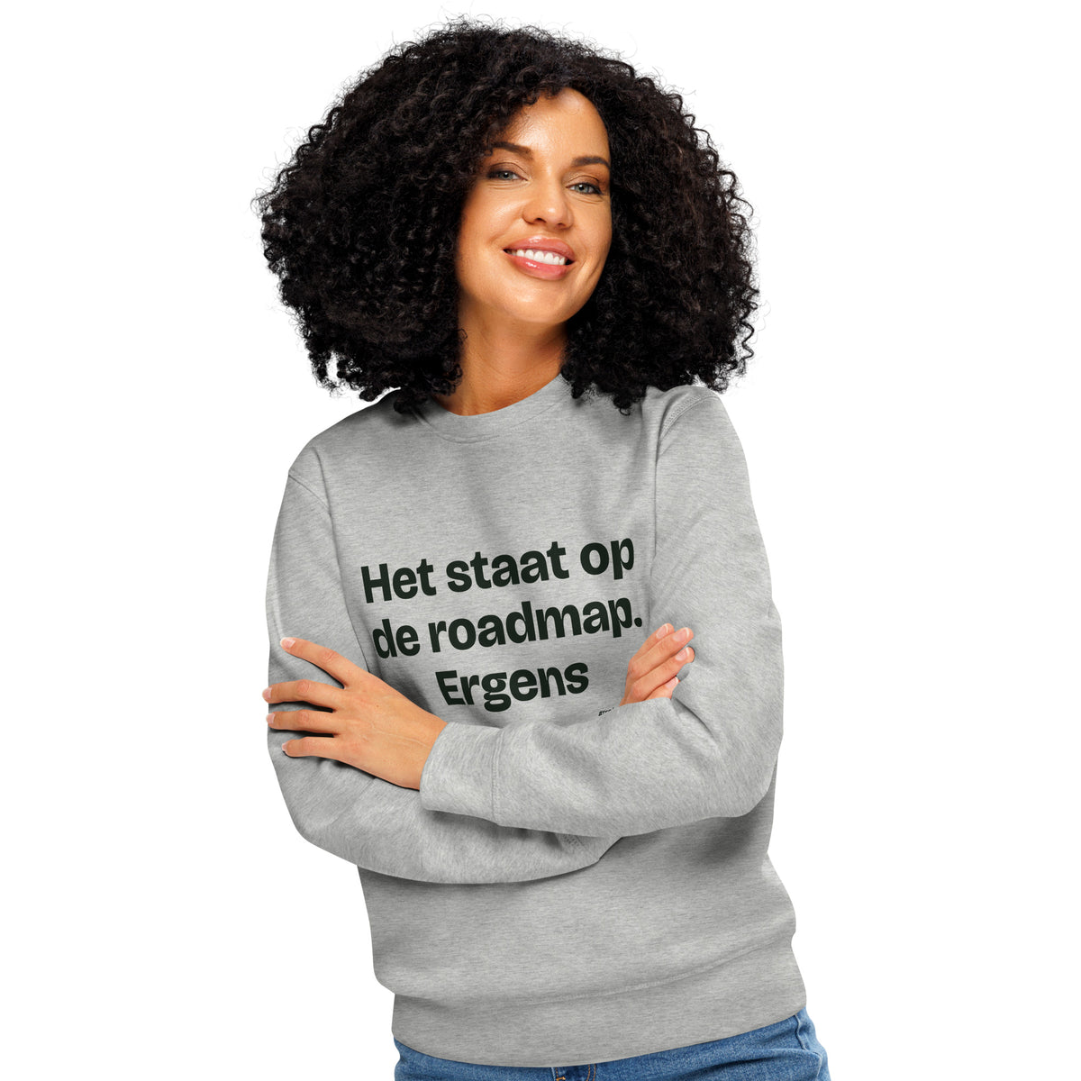 Het staat op de roadmap. Ergens – sweater grijs gemêleerd, gedragen door een vrouw