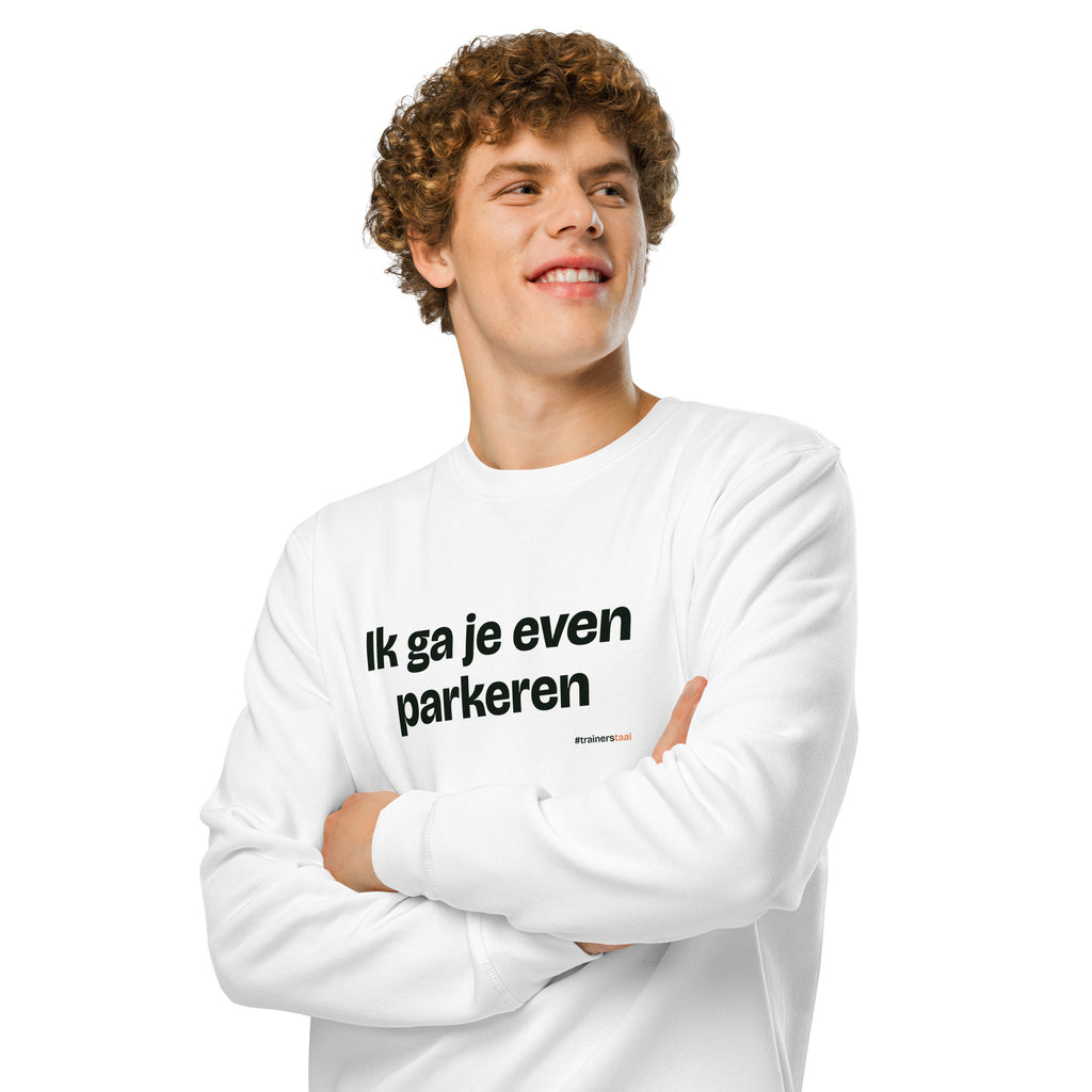 Ik ga je even parkeren – sweater wit, gedragen door een man