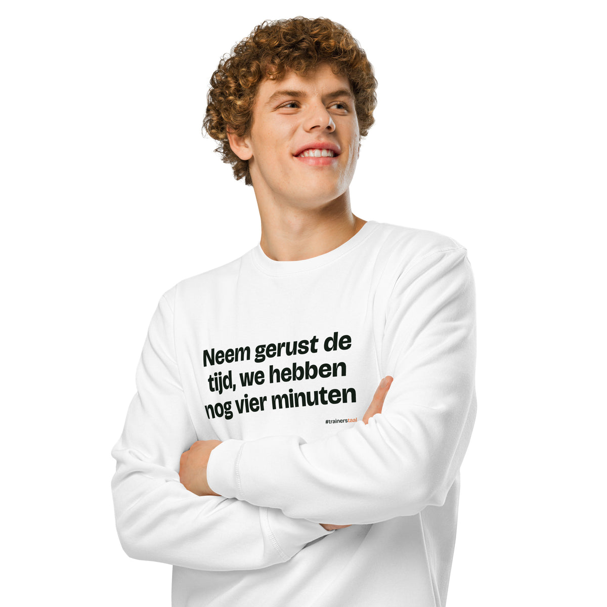 Neem gerust de tijd, we hebben nog vier minuten – sweater wit, gedragen door een man