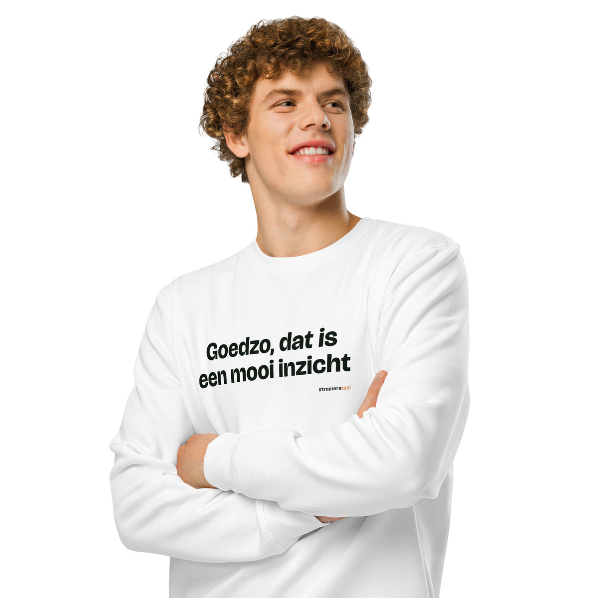Goedzo, dat is een mooi inzicht – sweater wit, gedragen door een man