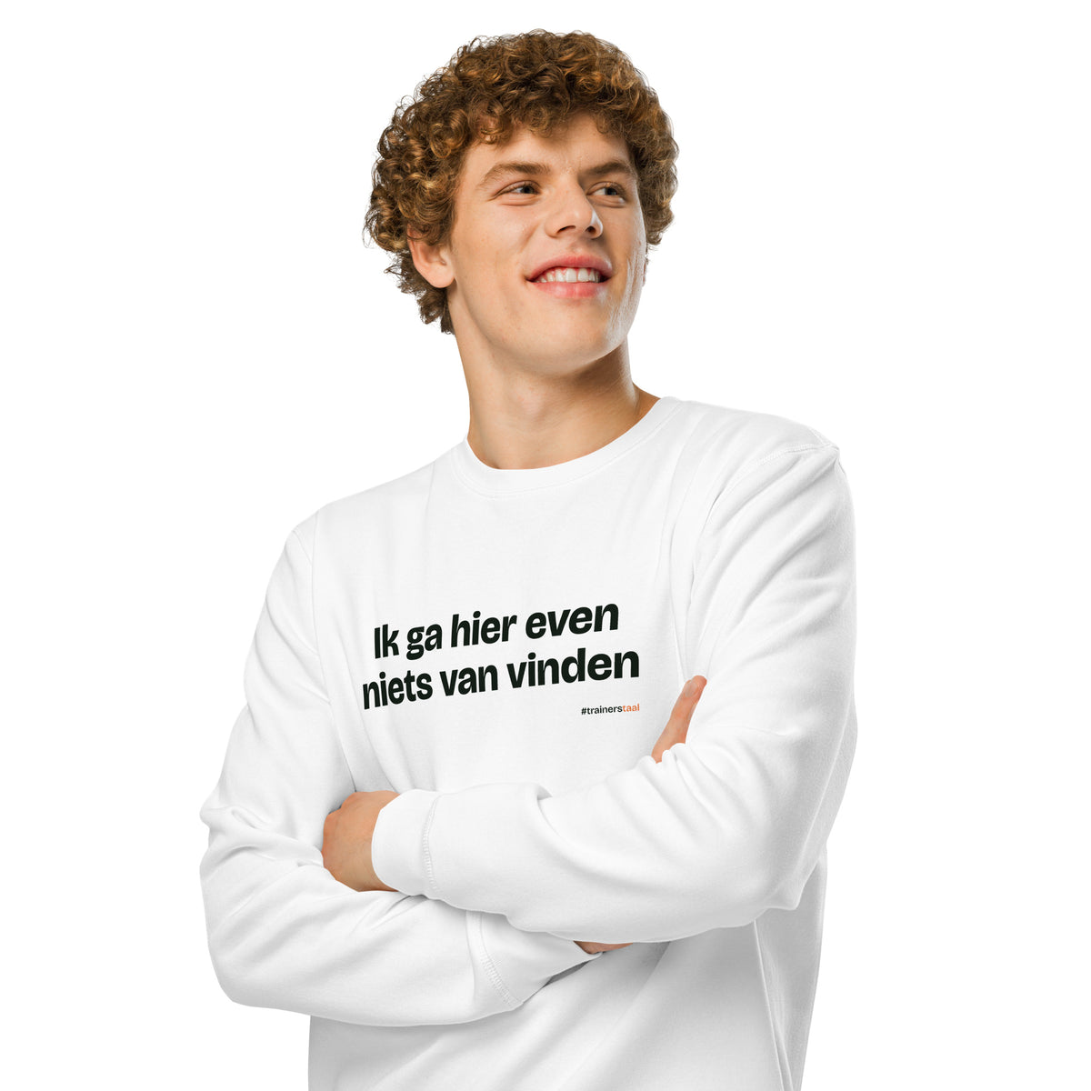 Ik ga hier even niets van vinden – sweater wit, gedragen door een man
