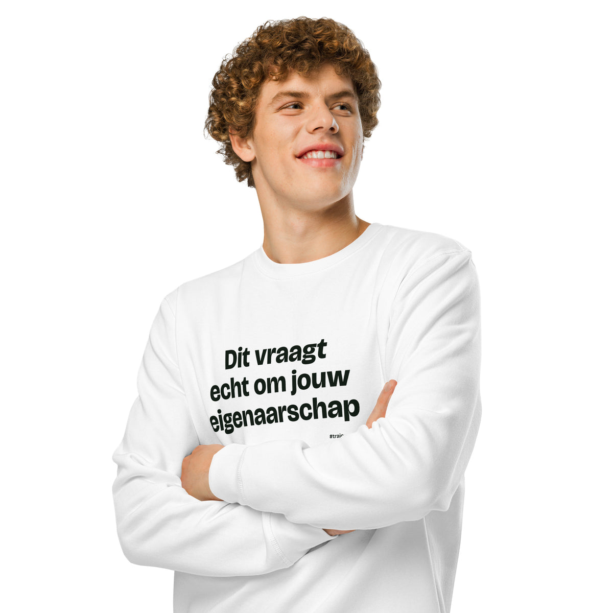 Dit vraagt echt om jouw eigenaarschap – sweater wit, gedragen door een man